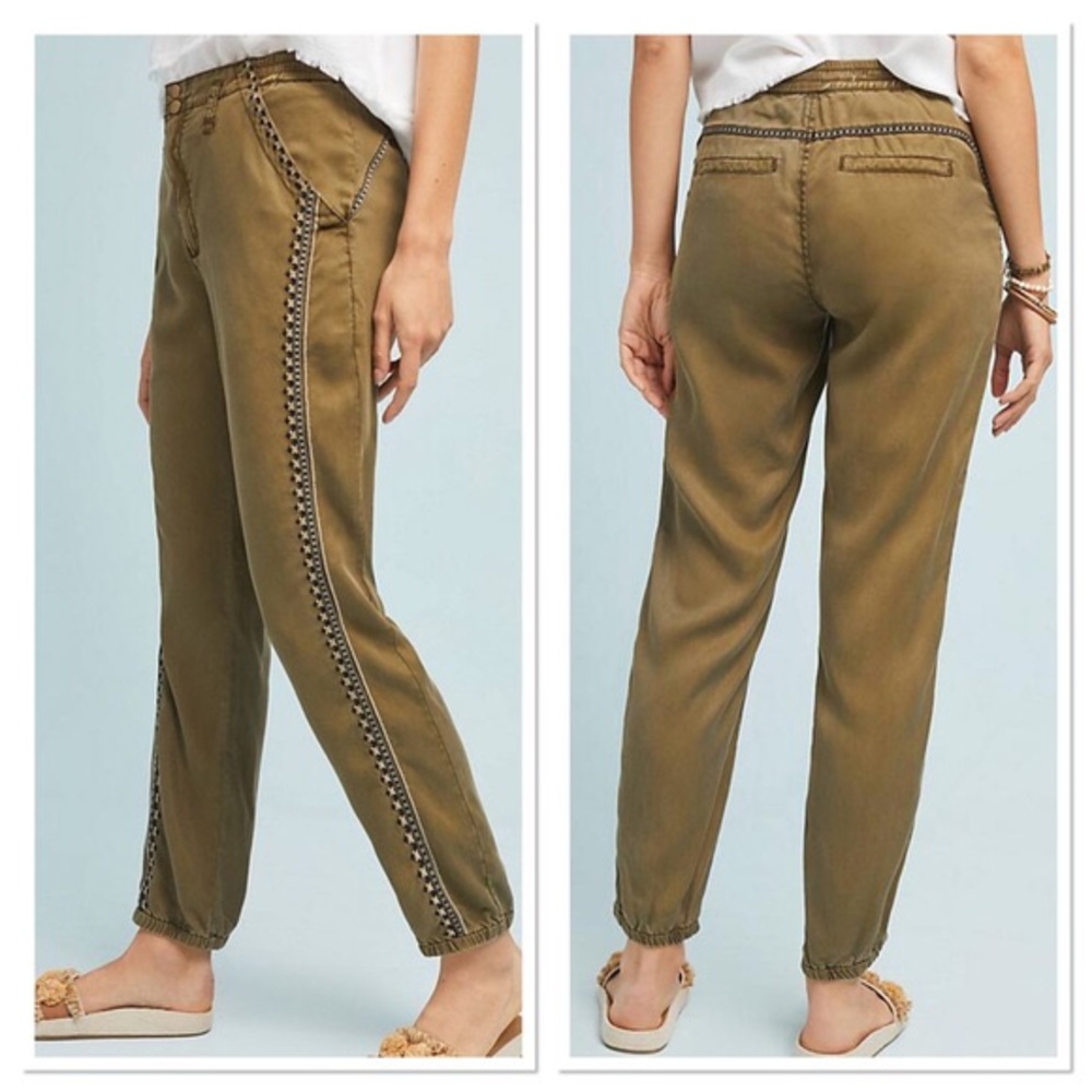 Anthropologie moss embroidered jogger khaki pants